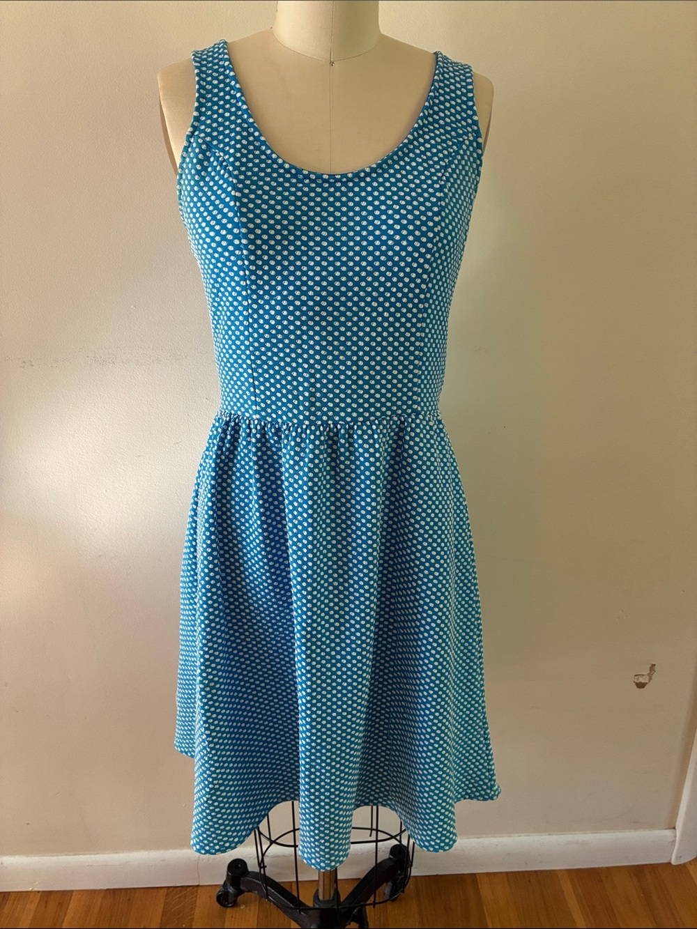 Maeve Blue and White Polka Dot Scoop-Neck Fit & Flare Dress